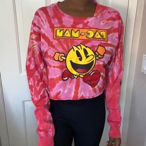 Pac Man Red Pink Tie Dye Crop Long Sleeve Shirt